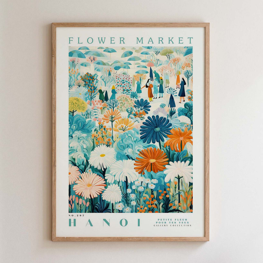The image is a framed poster depicting a vibrant and colorful flower market scene in Hanoi, Vietnam.