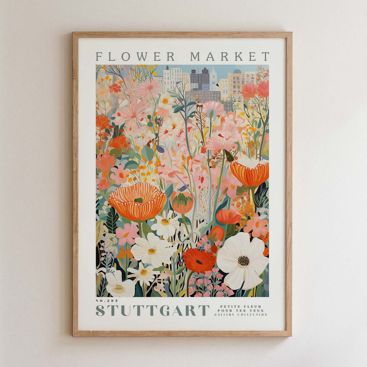 The image is a framed poster depicting a vibrant and colorful floral scene, with various flowers and plants arranged in a visually appealing manner.