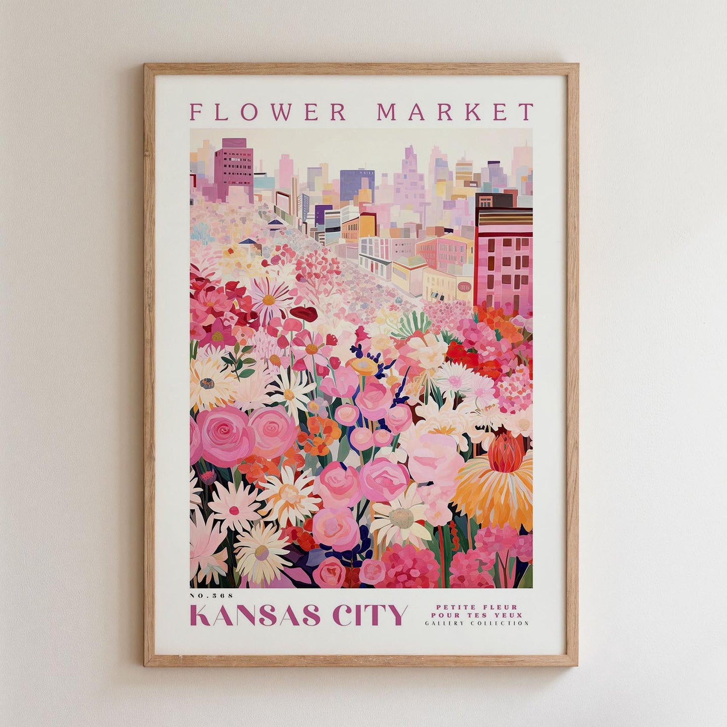 A framed poster depicting a vibrant and colorful flower market in Kansas City, with a cityscape in the background.