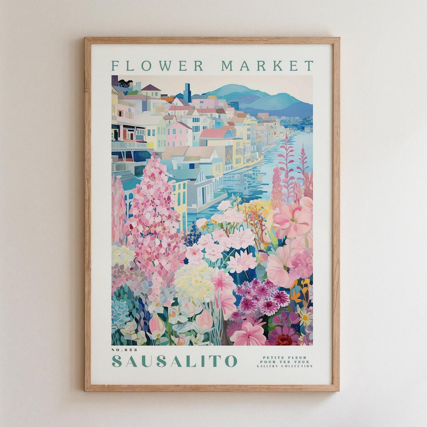 The image is a framed poster depicting a colorful and vibrant flower market in Sausalito, Italy.