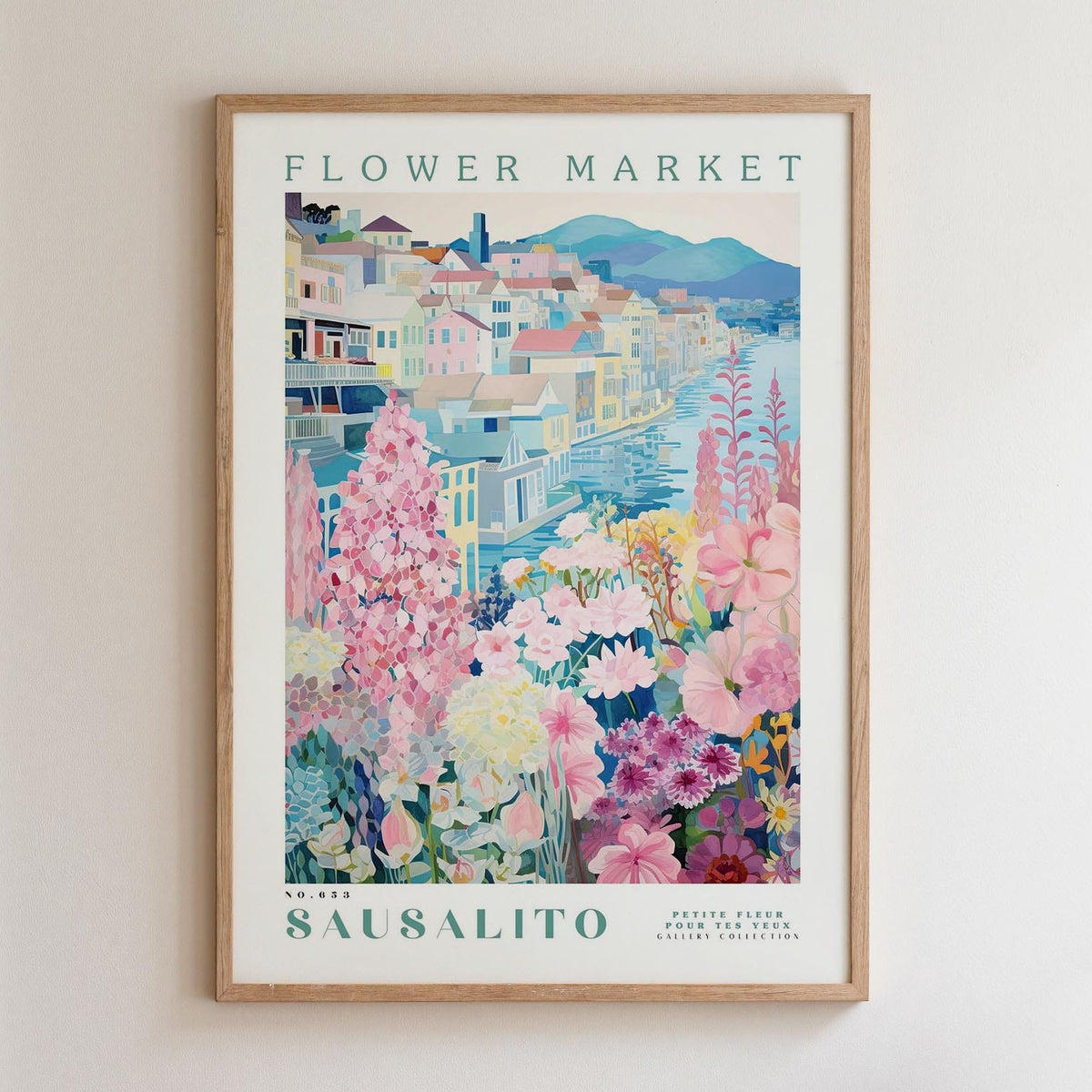 The image is a framed poster depicting a colorful and vibrant flower market in Sausalito, Italy.