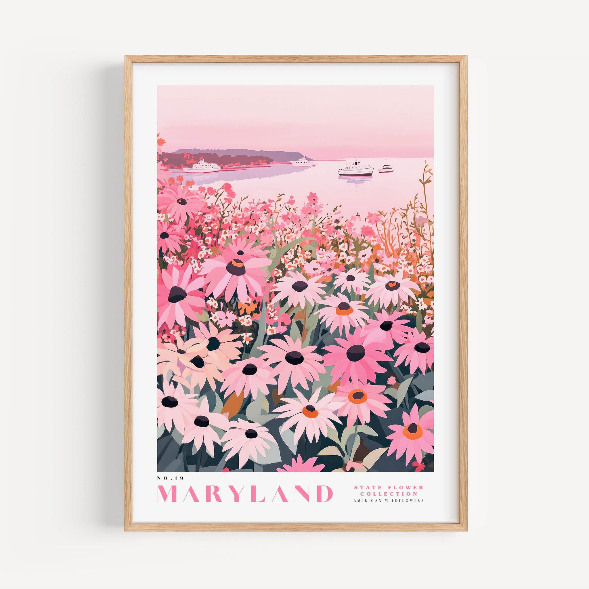 A framed poster depicting a field of pink and white flowers, with a body of water and boats in the background.
