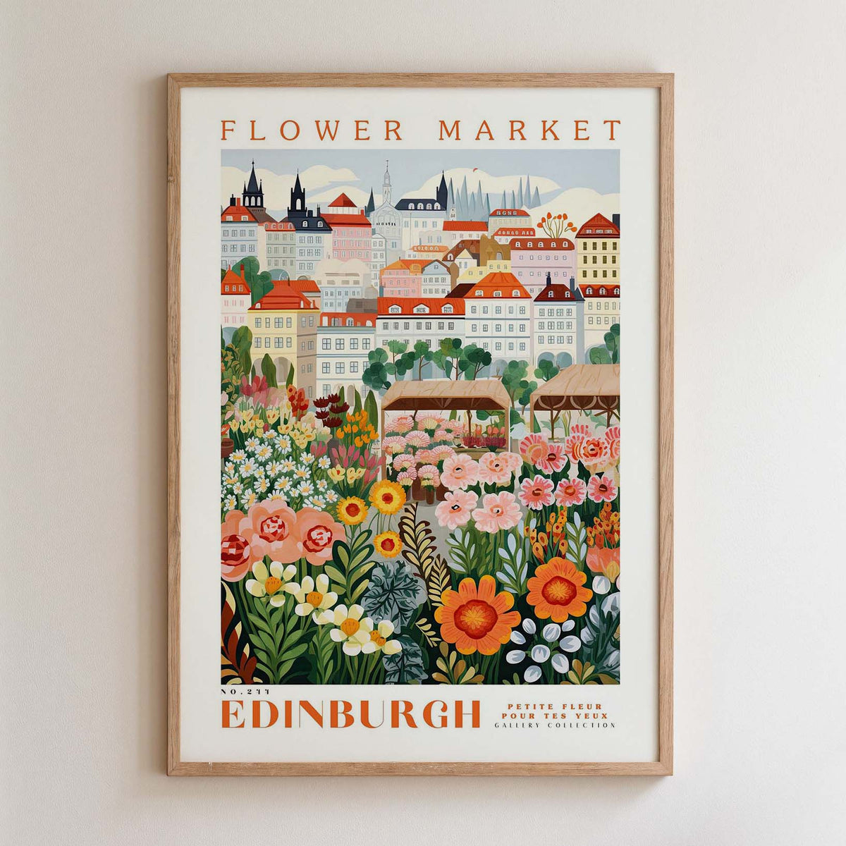 The image is a framed poster depicting a colorful and vibrant flower market in Edinburgh, Scotland.