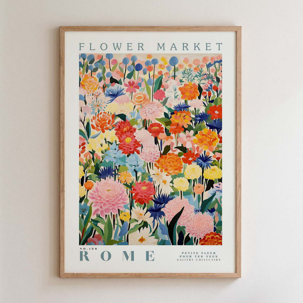 The image is a framed poster of a vibrant and colorful floral arrangement, depicting various flowers and plants in a lively and cheerful manner.