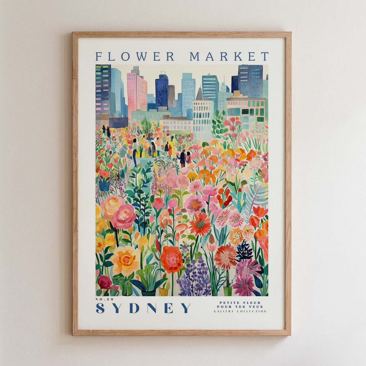 The image is a framed poster depicting a vibrant and colorful flower market in Sydney, Australia.