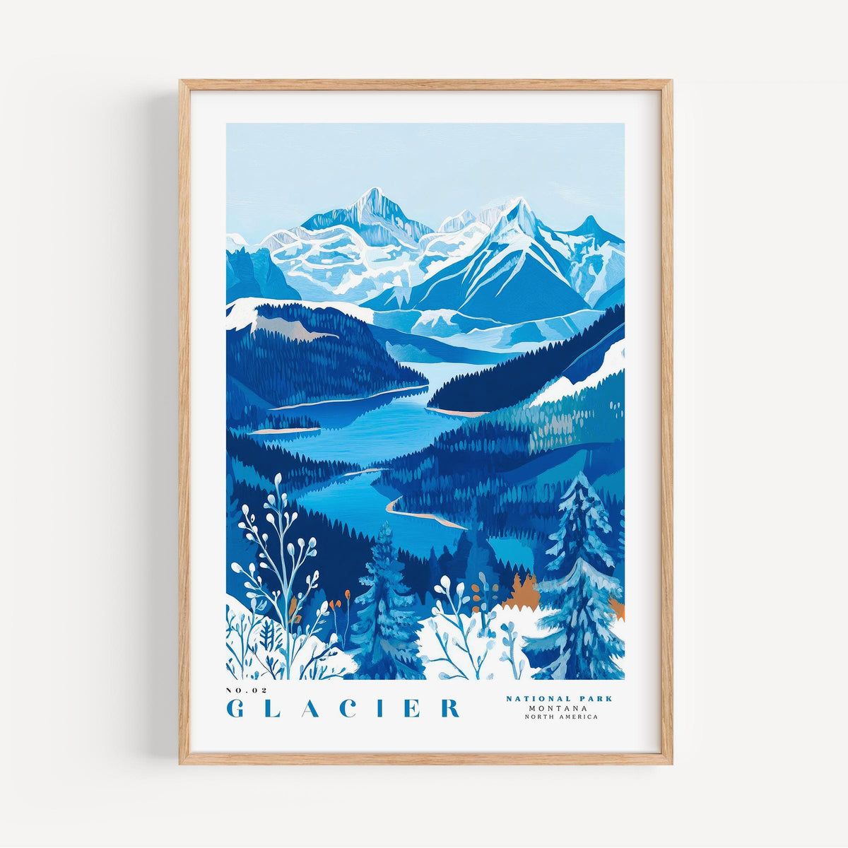A framed illustration depicting a scenic landscape with snow-capped mountains, a winding river, and a forested area.