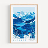 A framed illustration depicting a scenic landscape with snow-capped mountains, a winding river, and a forested area.