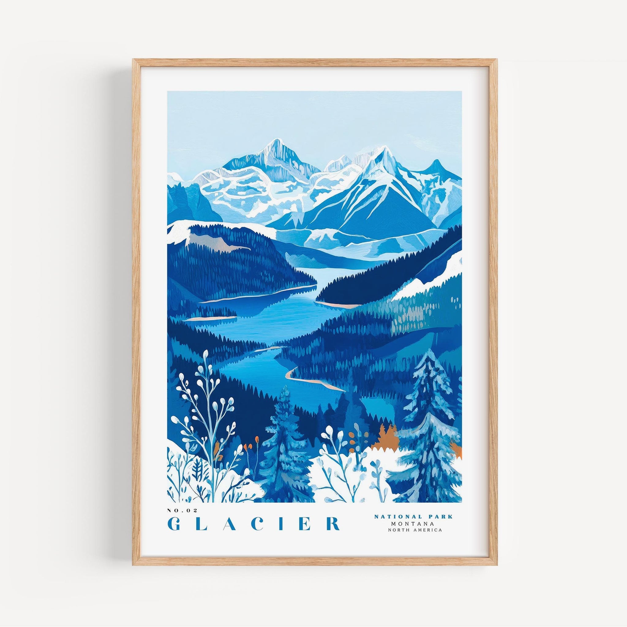 A framed illustration depicting a scenic landscape with snow-capped mountains, a winding river, and a forested area.