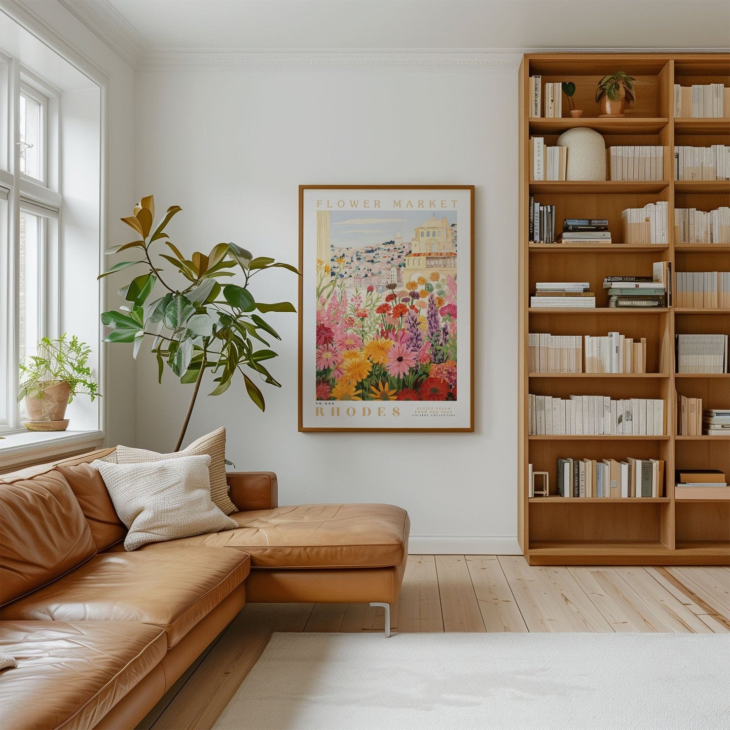 a cozy living room with a large bookshelf filled with books, a comfortable leather couch, and a large framed poster of a flower market hanging on the wall.