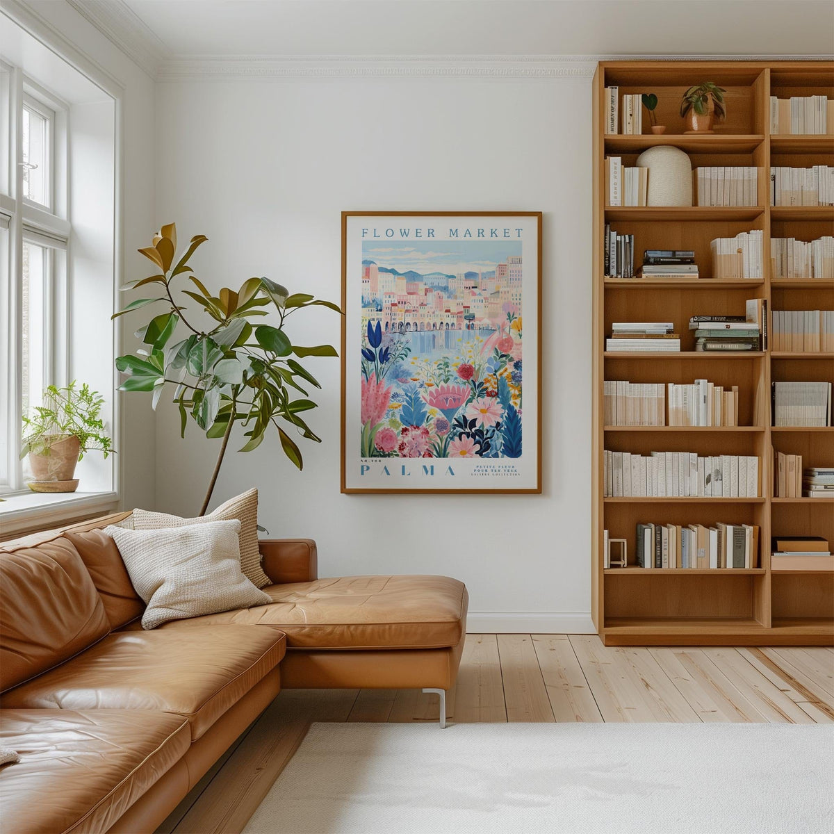 a cozy living room with a large bookshelf filled with books, a comfortable leather couch, and a large framed poster of a colorful floral scene hanging on the wall.