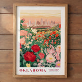 A framed poster depicting a vibrant field of flowers with a city skyline in the background, showcasing the beauty of Oklahoma.