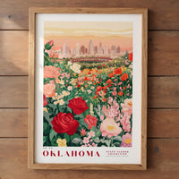 A framed poster depicting a vibrant field of flowers with a city skyline in the background, showcasing the beauty of Oklahoma.