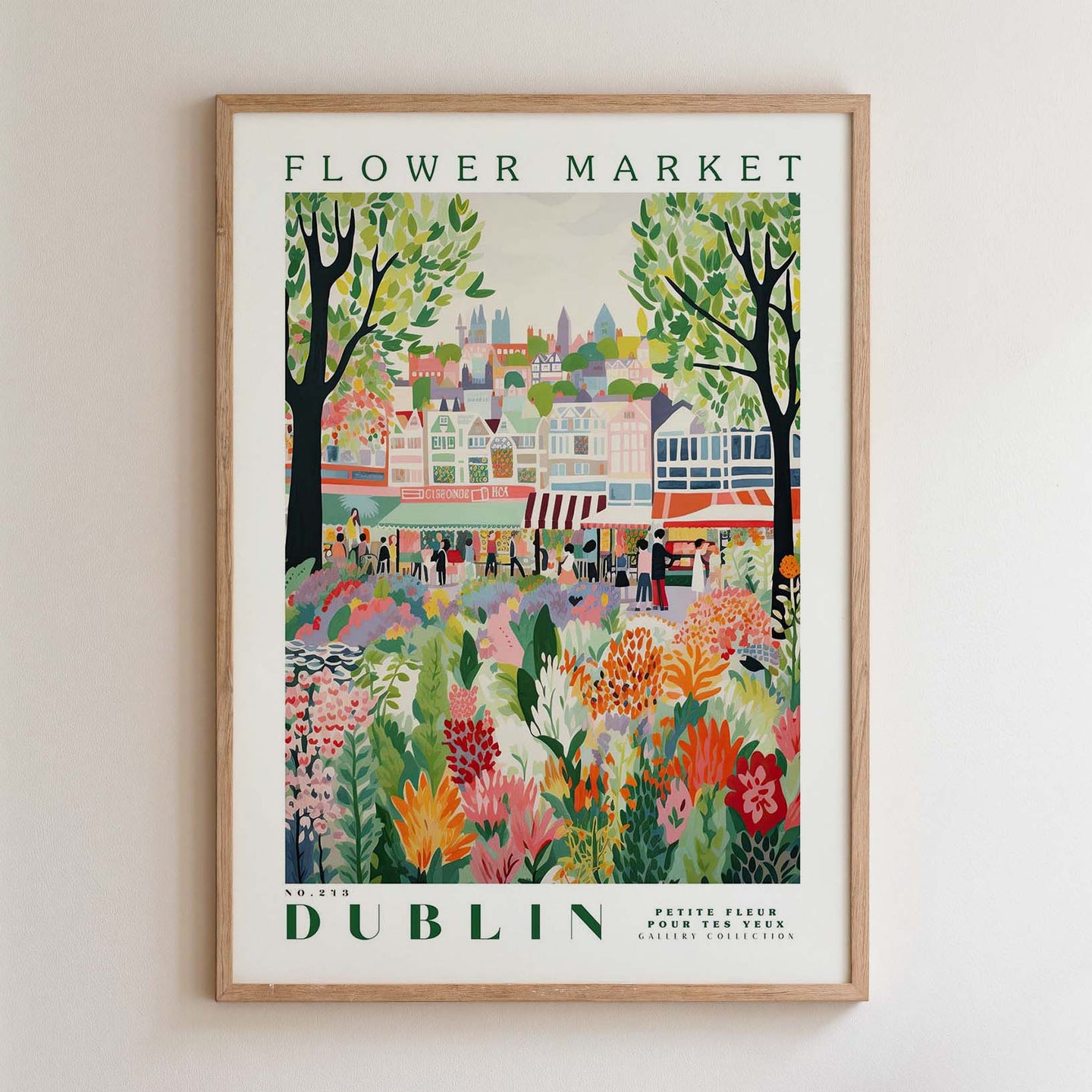 The image is a framed poster depicting a vibrant and colorful scene from the Flower Market in Dublin, Ireland.