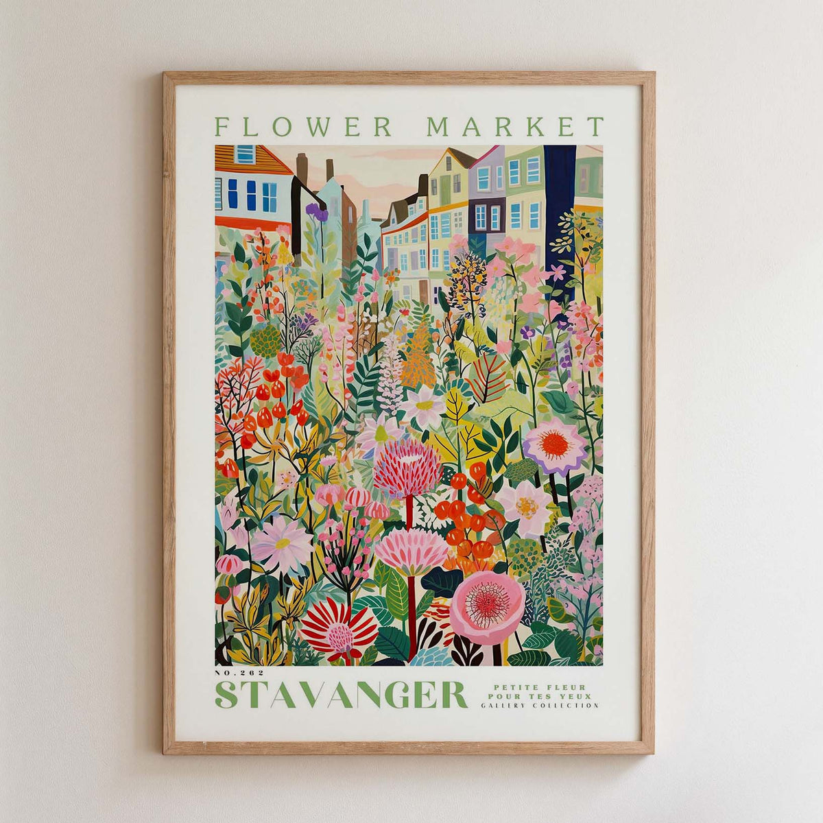 The image is a framed poster depicting a vibrant and colorful flower market scene.
