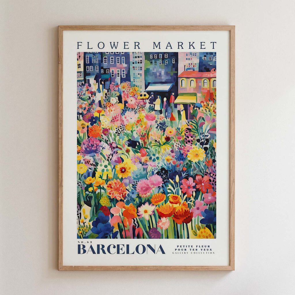 The image is a framed poster depicting a vibrant and colorful flower market in Barcelona, Spain.