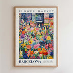 The image is a framed poster depicting a vibrant and colorful flower market in Barcelona, Spain.