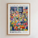 The image is a framed poster depicting a vibrant and colorful flower market in Barcelona, Spain.