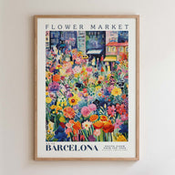 The image is a framed poster depicting a vibrant and colorful flower market in Barcelona, Spain.