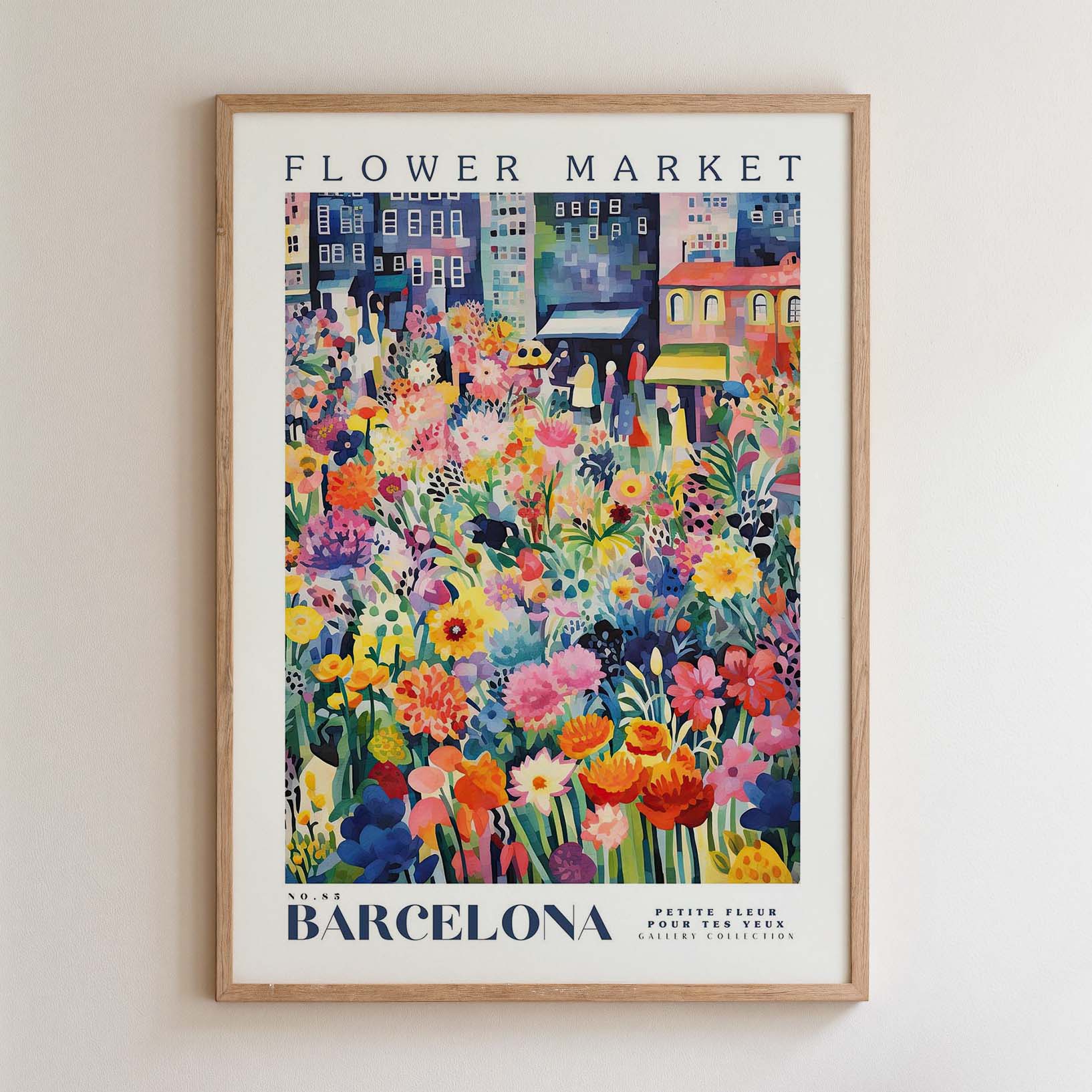 The image is a framed poster depicting a vibrant and colorful flower market in Barcelona, Spain.