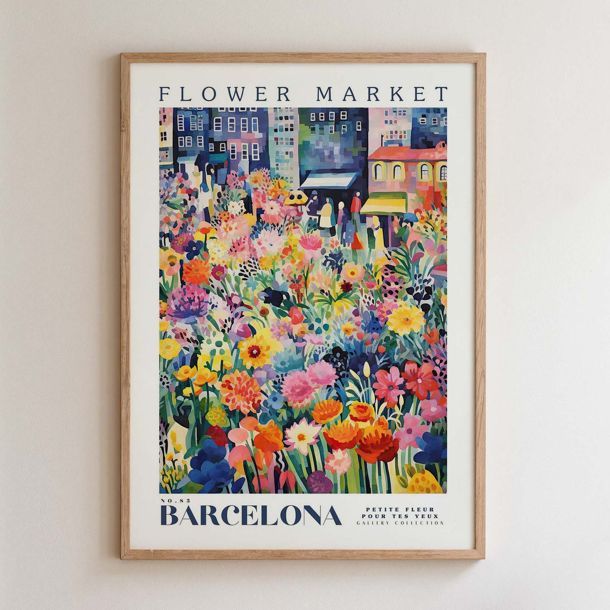 The image is a framed poster depicting a vibrant and colorful flower market in Barcelona, Spain.