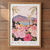 A framed poster depicting a tropical landscape with palm trees, flowers, and mountains in the background, all rendered in a vibrant pink and green color scheme.