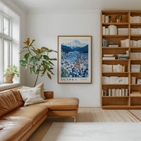 a cozy living room with a large window, a comfortable leather sofa, a wooden bookshelf filled with books, and a framed poster of a mountain landscape hanging on the wall.