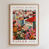 The image is a framed poster depicting a colorful and vibrant flower market in Naples, Italy.
