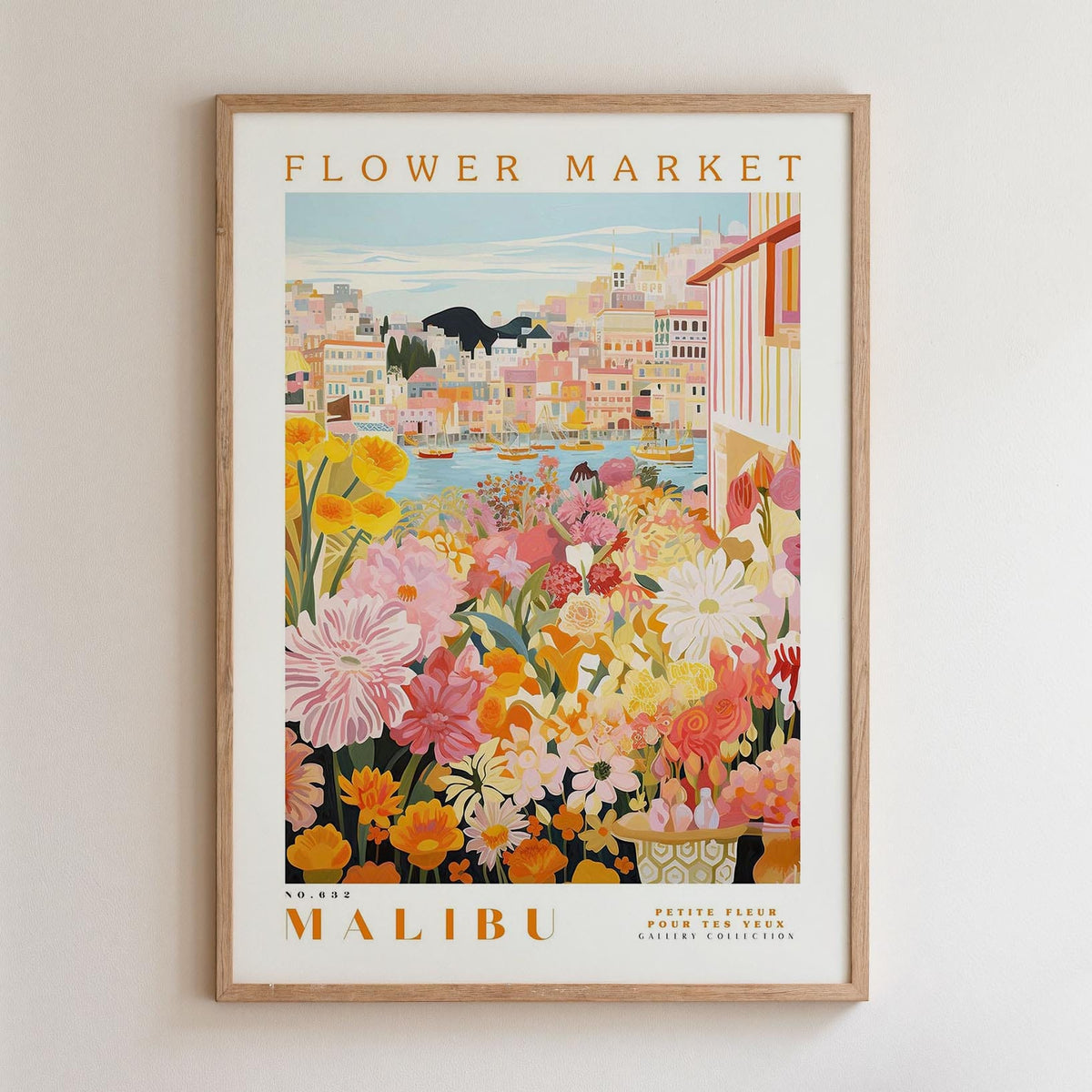 The image is a framed poster depicting a colorful and vibrant scene of a flower market in Malibu, California.