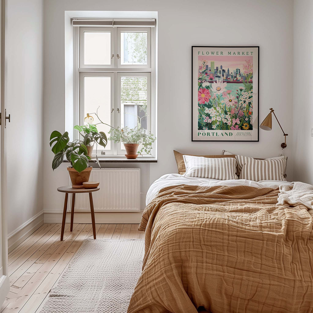 a cozy bedroom with a large bed, a nightstand with a potted plant, and a framed poster of a cityscape on the wall.