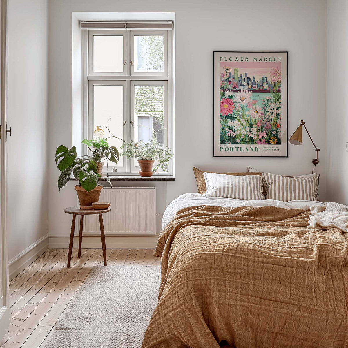 a cozy bedroom with a large bed, a nightstand with a potted plant, and a framed poster of a cityscape on the wall.