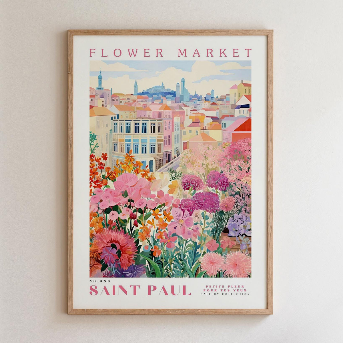 The image is a framed poster depicting a colorful and vibrant flower market in Saint Paul, with a cityscape in the background.