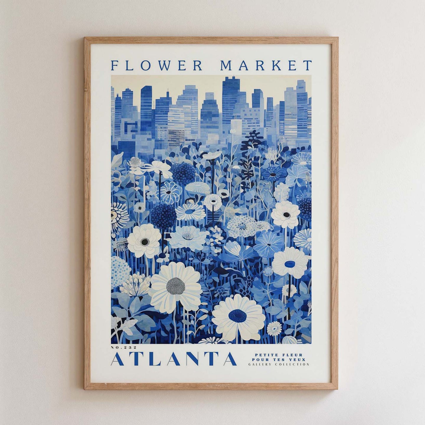 The image is a framed poster depicting a cityscape with a field of flowers in the foreground.