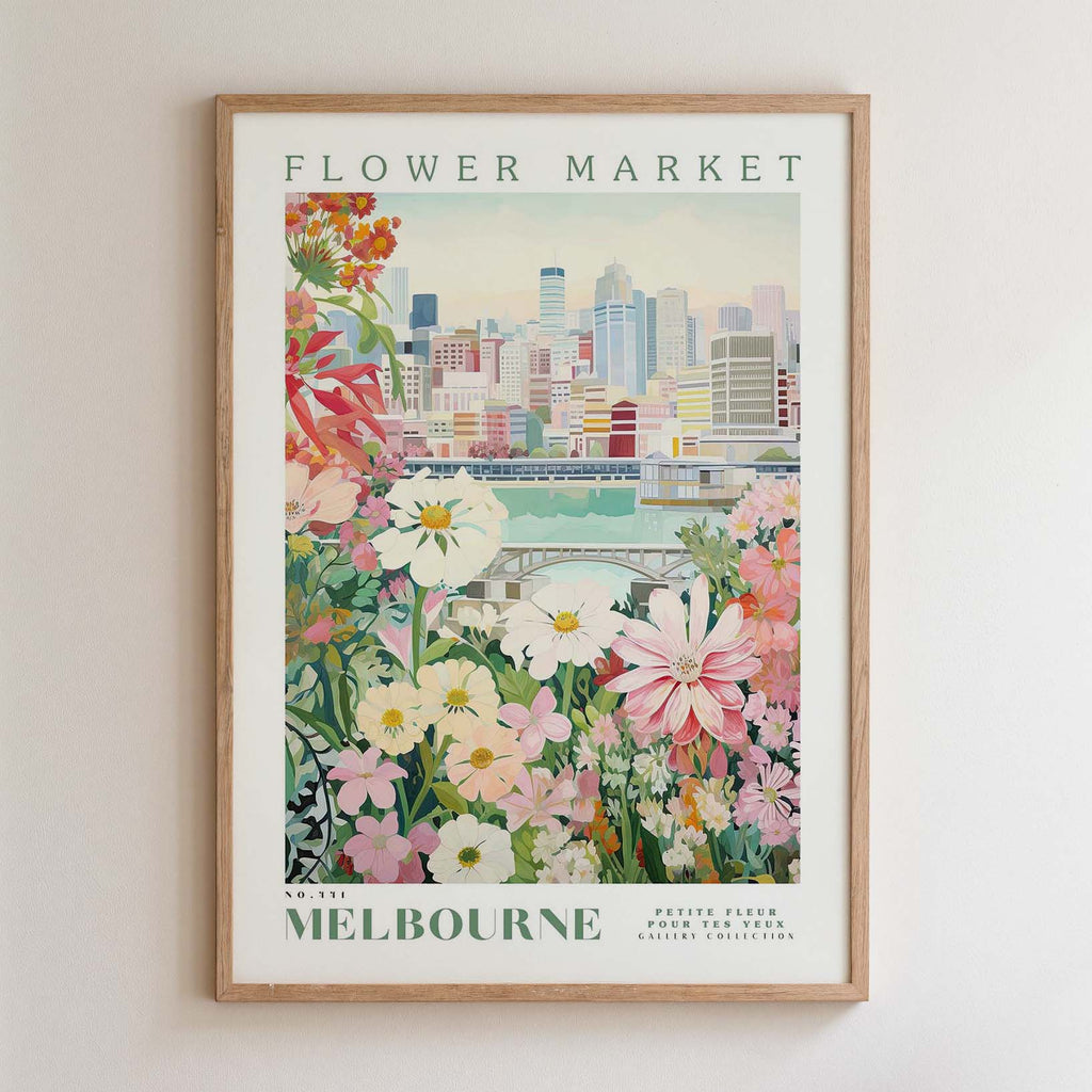 The image is a framed poster depicting a cityscape with a flower market in the foreground.