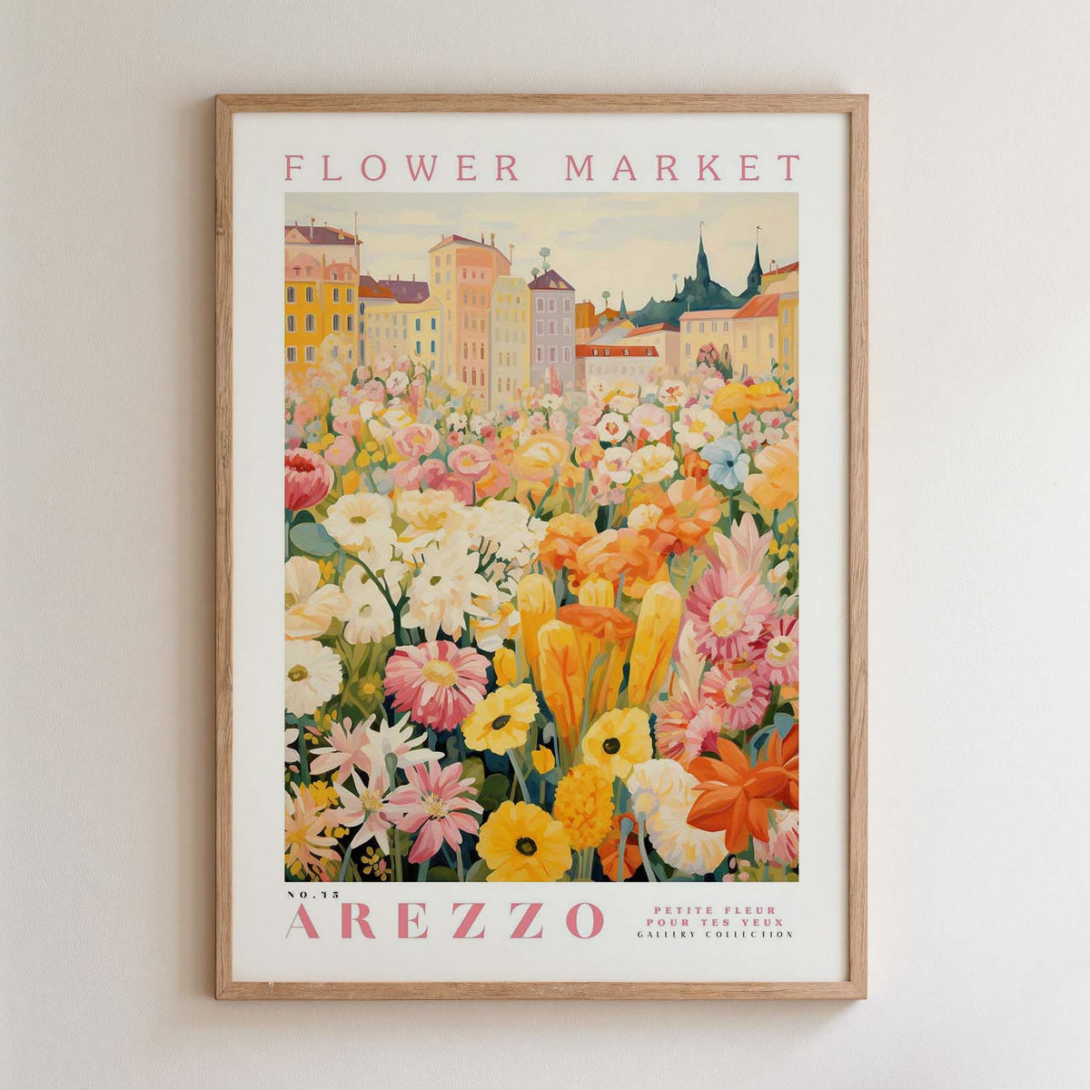 The image is a framed poster depicting a vibrant flower market in Arezzo, Italy.