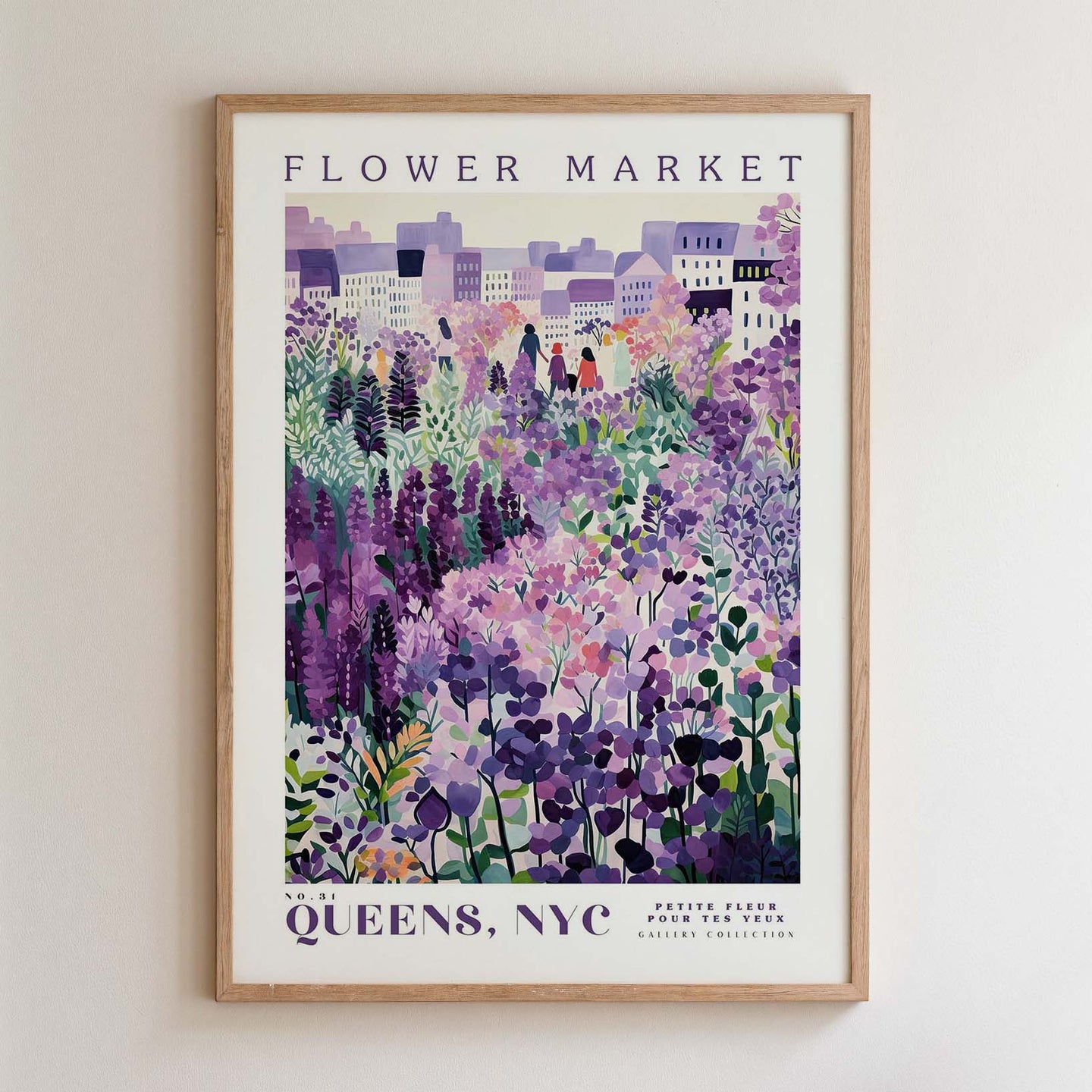 The image is a framed poster depicting a flower market in Queens, New York.