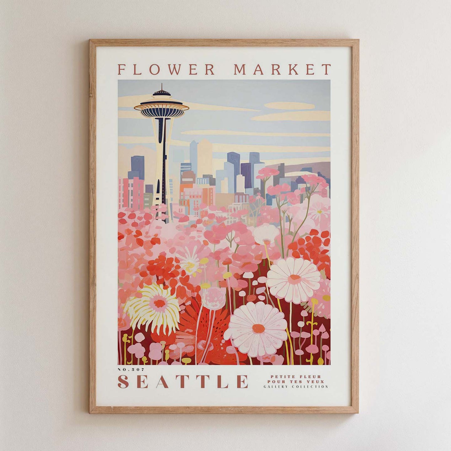 The image is a framed poster depicting a cityscape with a large flower market in the foreground.