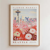 The image is a framed poster depicting a cityscape with a large flower market in the foreground.