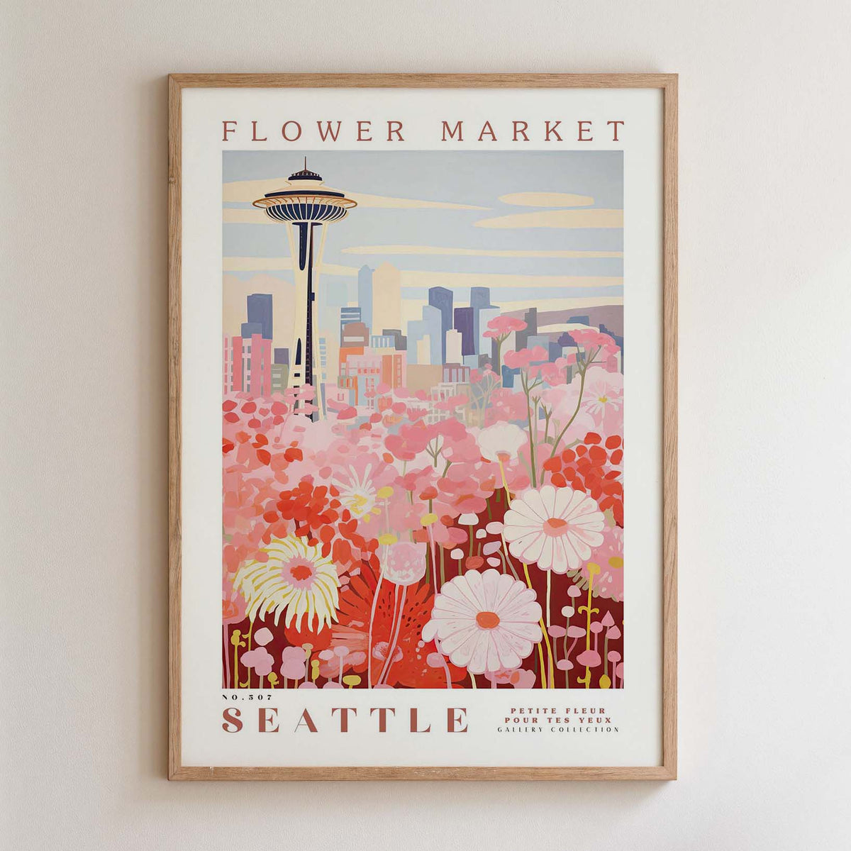 The image is a framed poster depicting a cityscape with a large flower market in the foreground.
