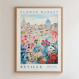 The image is a framed poster depicting a cityscape with a flower market in the background.