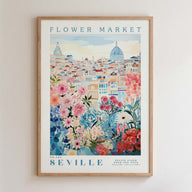 The image is a framed poster depicting a cityscape with a flower market in the background.