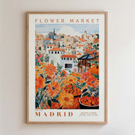 The image is a framed poster depicting a vibrant and colorful scene from the Madrid Flower Market.