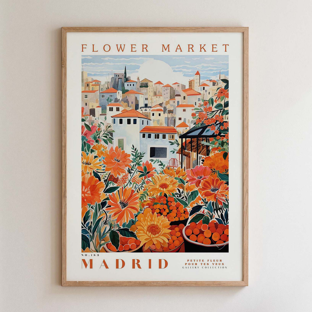 The image is a framed poster depicting a vibrant and colorful scene from the Madrid Flower Market.