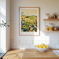 a kitchen scene with a framed print of a field of flowers hanging on the wall, a wooden counter with a bowl of lemons, and shelves displaying various jars and containers.