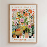 The image is a framed poster depicting a vibrant and colorful flower market.