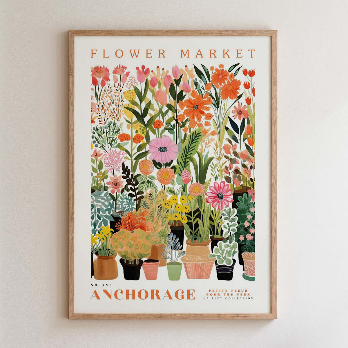 The image is a framed poster depicting a vibrant and colorful flower market.