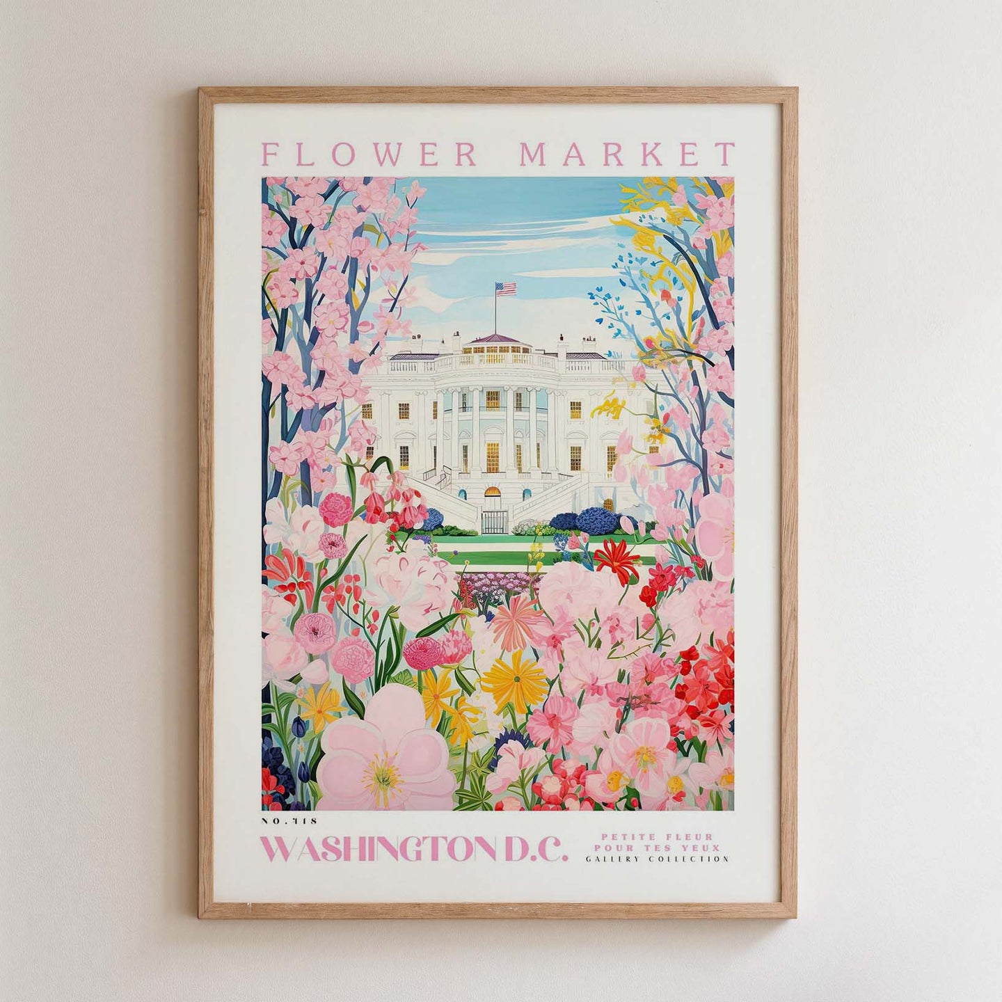 The image is a framed poster depicting the White House in Washington, D.C., surrounded by a vibrant garden filled with colorful flowers.