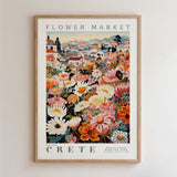 The image is a framed poster depicting a vibrant and colorful flower market in Crete, Greece.