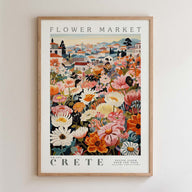 The image is a framed poster depicting a vibrant and colorful flower market in Crete, Greece.