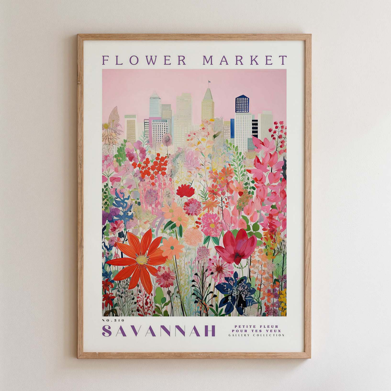 The image is a framed poster depicting a cityscape with a colorful floral field in the foreground.