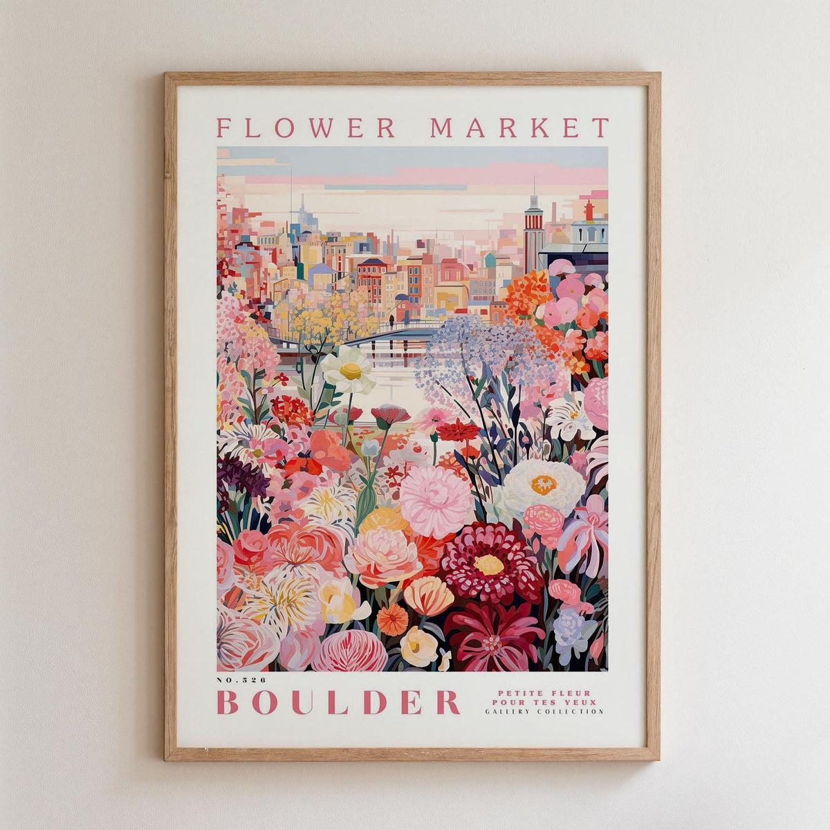 The image is a framed poster depicting a vibrant and colorful flower market in Boulder, Colorado.
